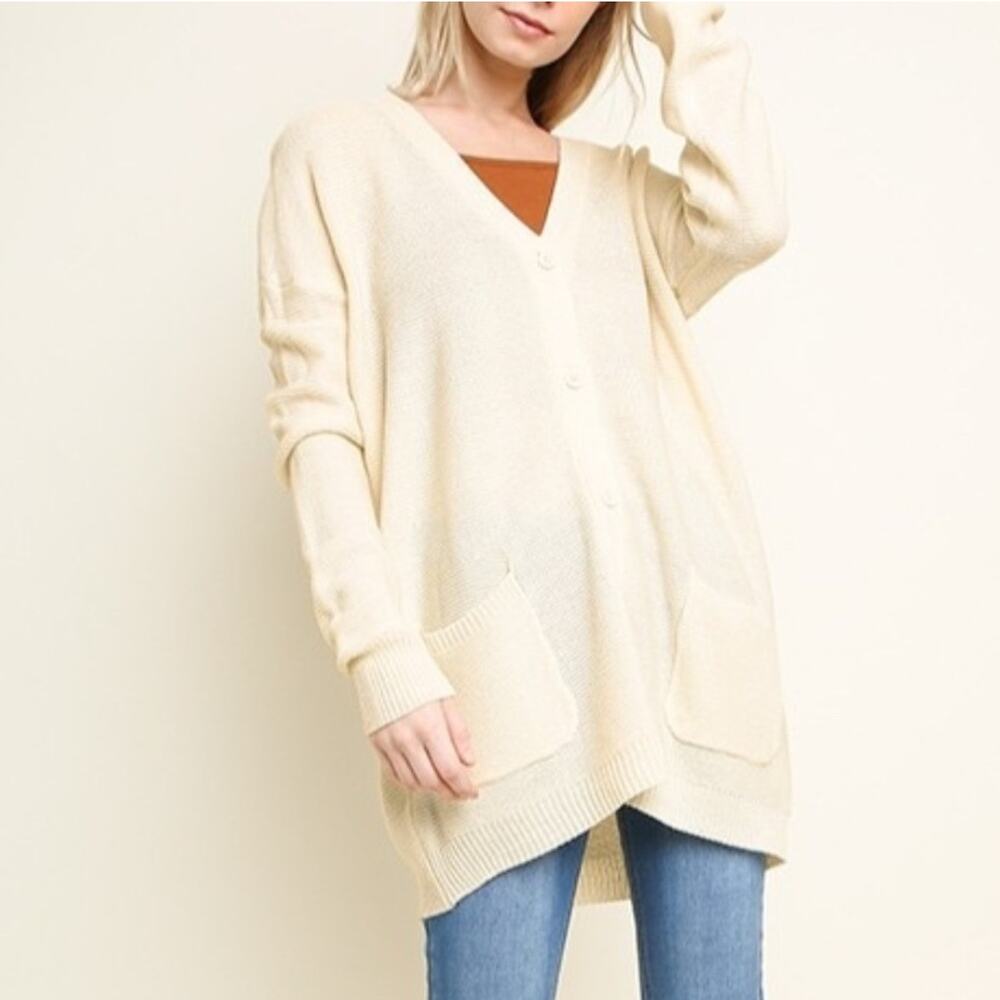 Knit Ivory Button Front Longline Long Sleeve Cardigan Pockets Womens